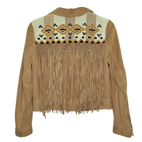 ZARA M Womens Tan Fringed Faux Suede Jacket Cropped Beaded Southwestern - Picture 1 of 10